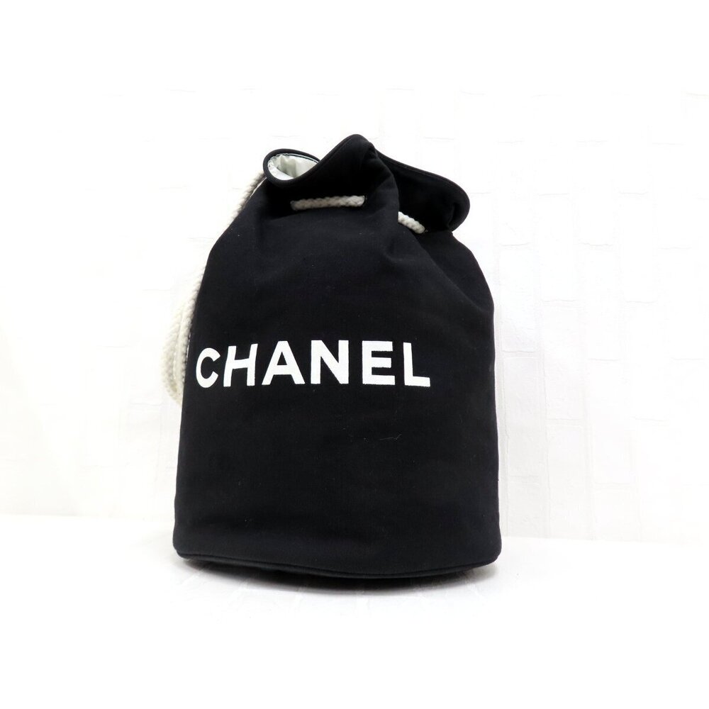 CHANEL Canvas Drawstring Shoulder Bag Black Gold